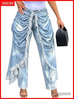 High Waisted Baggy Straight Leg Jeans Ruched Fringe Patchwork Denim Pants